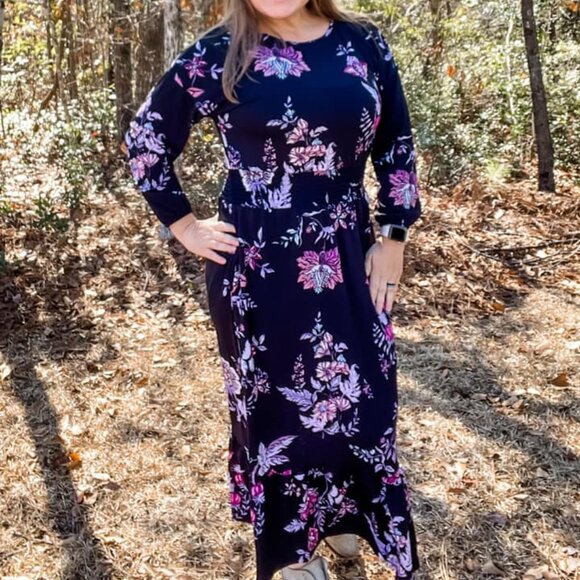 NEW NWT Tags LuLaRoe Evelyn Smocked Waist Maxi Dress Long Sleeve Black Floral - Picture 8 of 8
